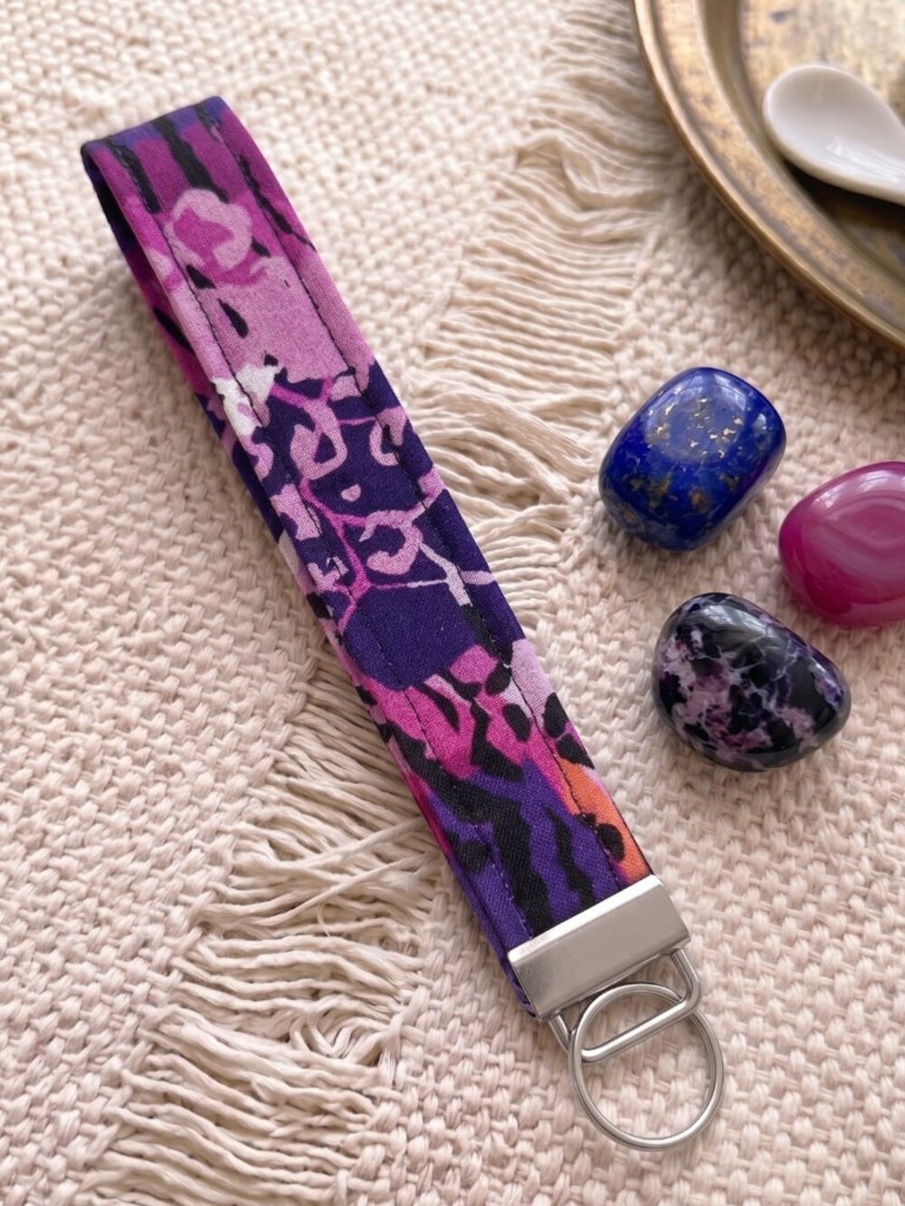 New Handmade Purple Magenta Abstract Floral Leopard Camo Fabric Key Fob Wristlet